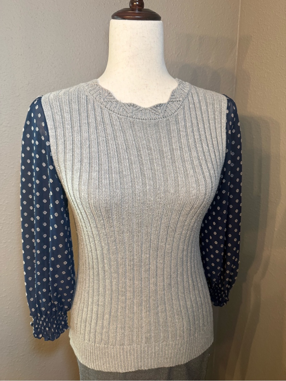 Current Air Grey Ribbed 2-for Sweater with Navy Polka-Dot Sleeves